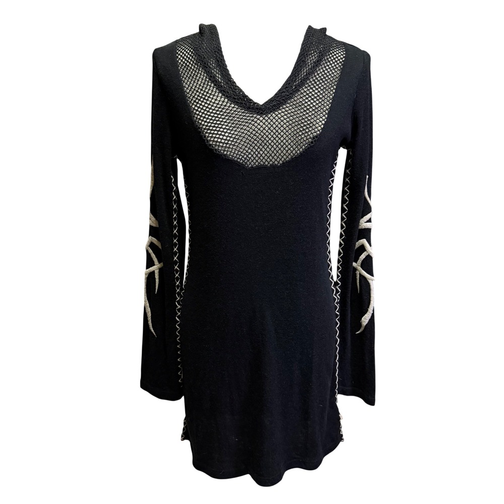 Enti Black Wool Blend Hooded Mini Dress Size Medium Mesh Cutout Studded Tribal